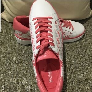 Michael Kors, White Chapman Laceup Sneakers with Pink MK logo
